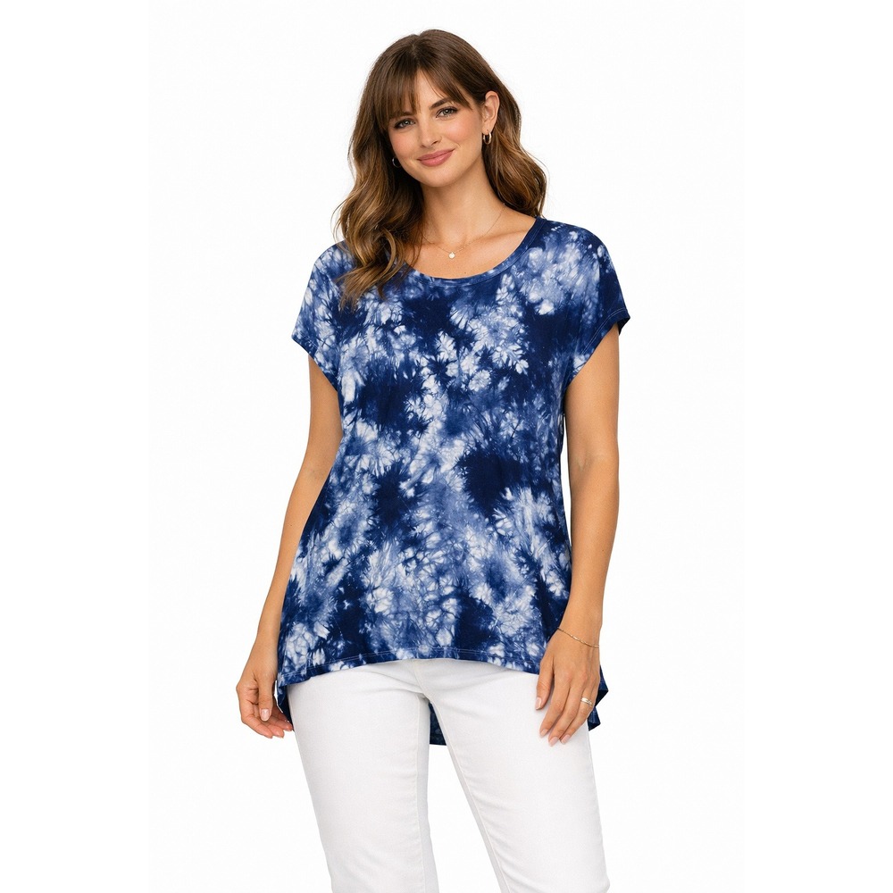 Crosby Blue Tie Dye Top Women's L‎ Boho Hippie Festival Casual Relaxed Fit Hi-lo